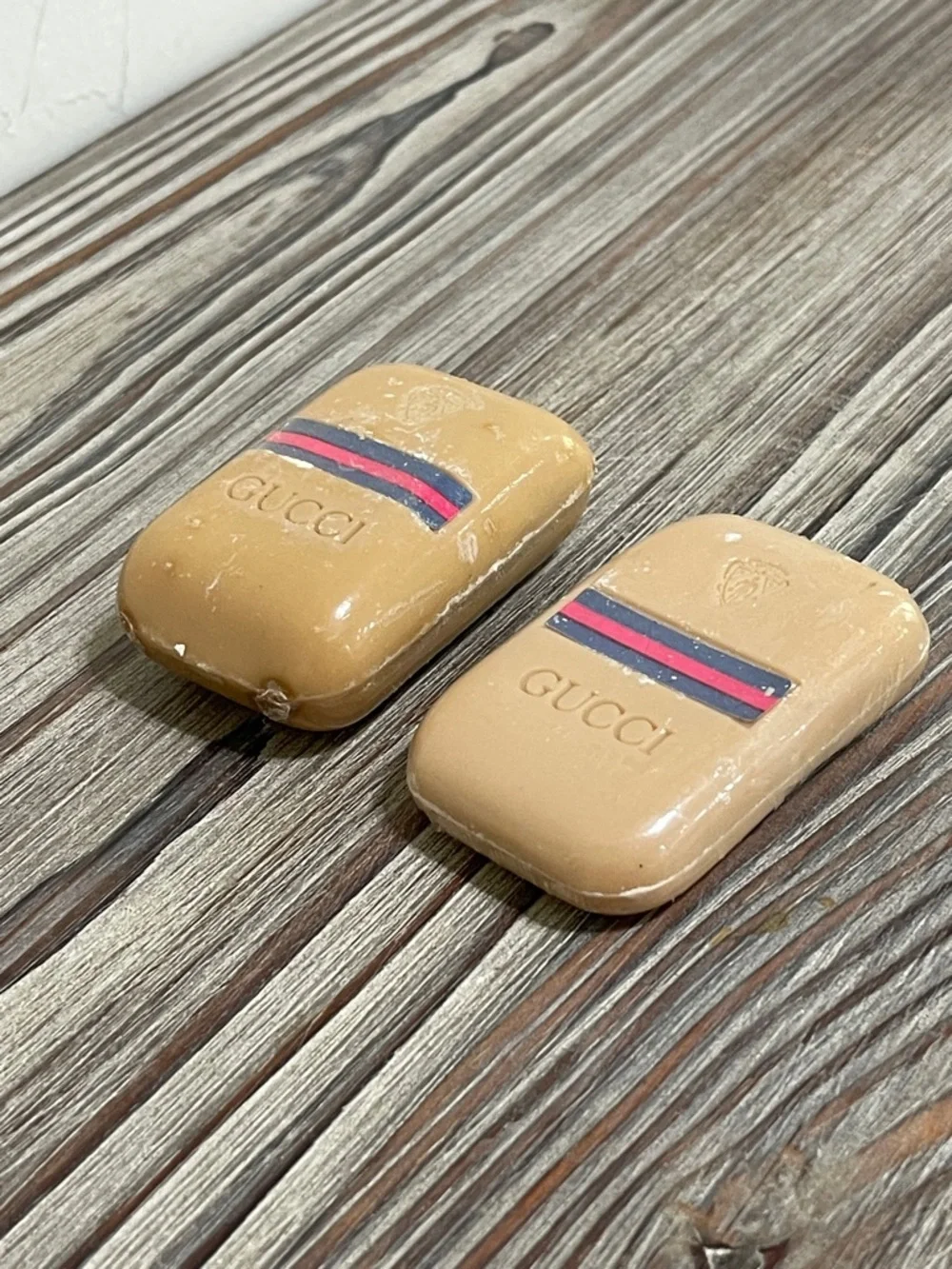 Vintage 70s Gucci Soap Bars Set of 2 Logo Embossed Tan New in Original Packaging